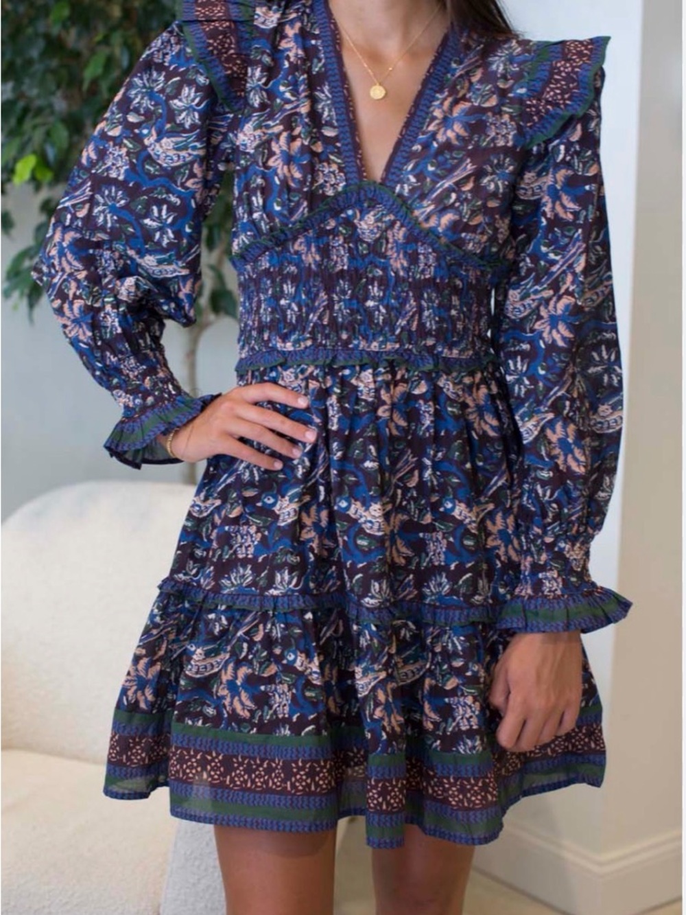 Sea NY Noah  Blue Floral Smocked V-Neck Mini Dress